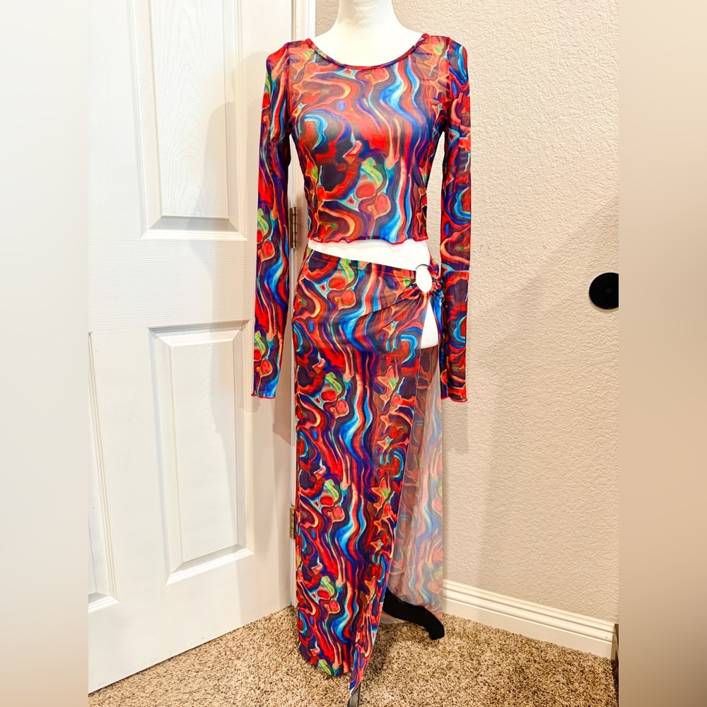 Kendall & Kylie Multicolor Long Sleeve Swim wear Cover Up Set Rainbow Swirl M